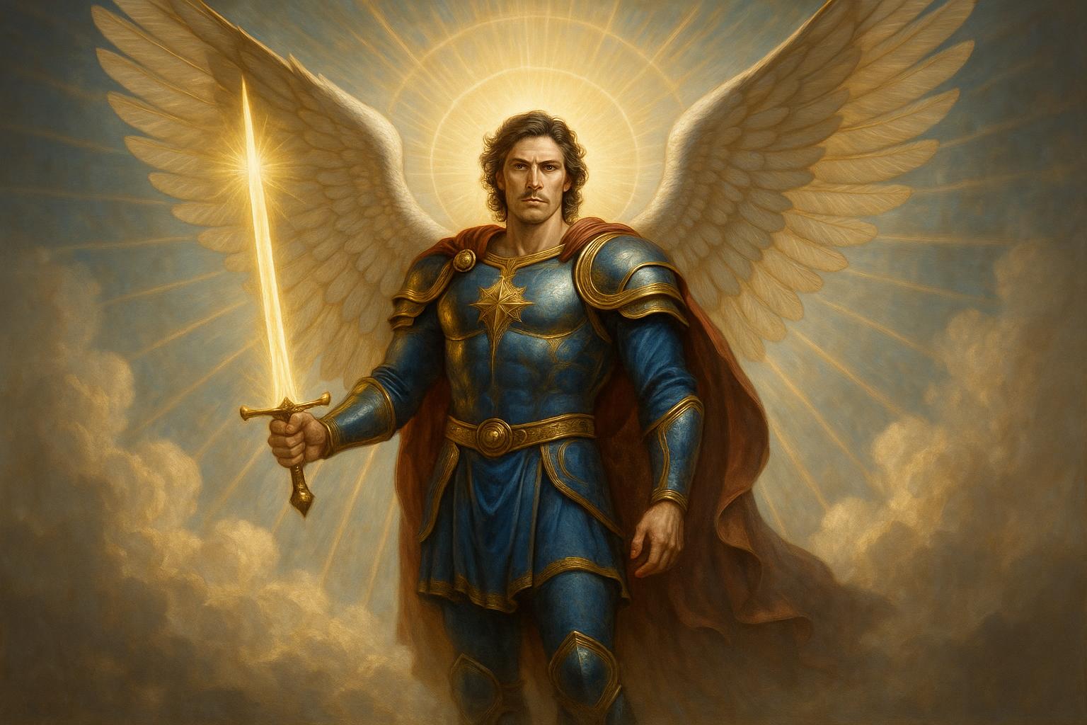 Arcanjo Miguel com armadura dourada e espada de luz