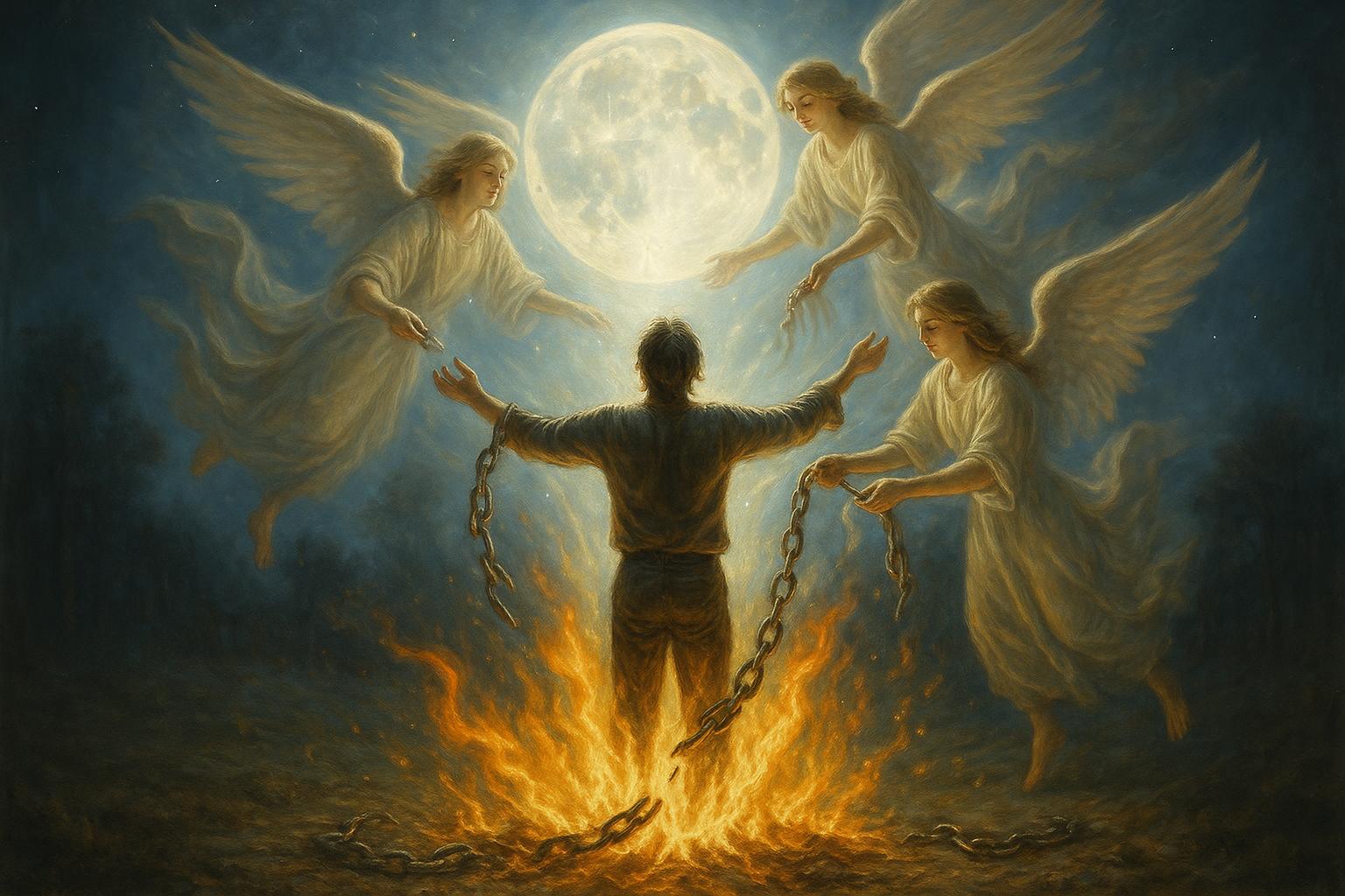 Pessoa libertando correntes sob lua cheia brilhante