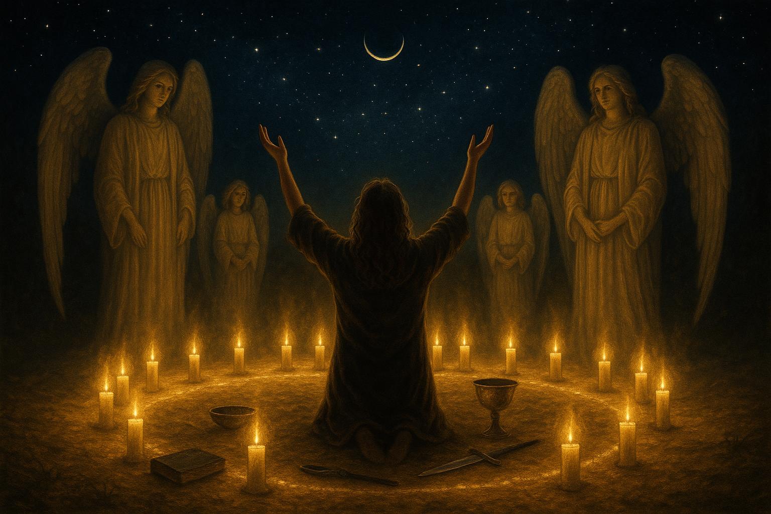 Círculo sagrado sob lua nova com três anjos