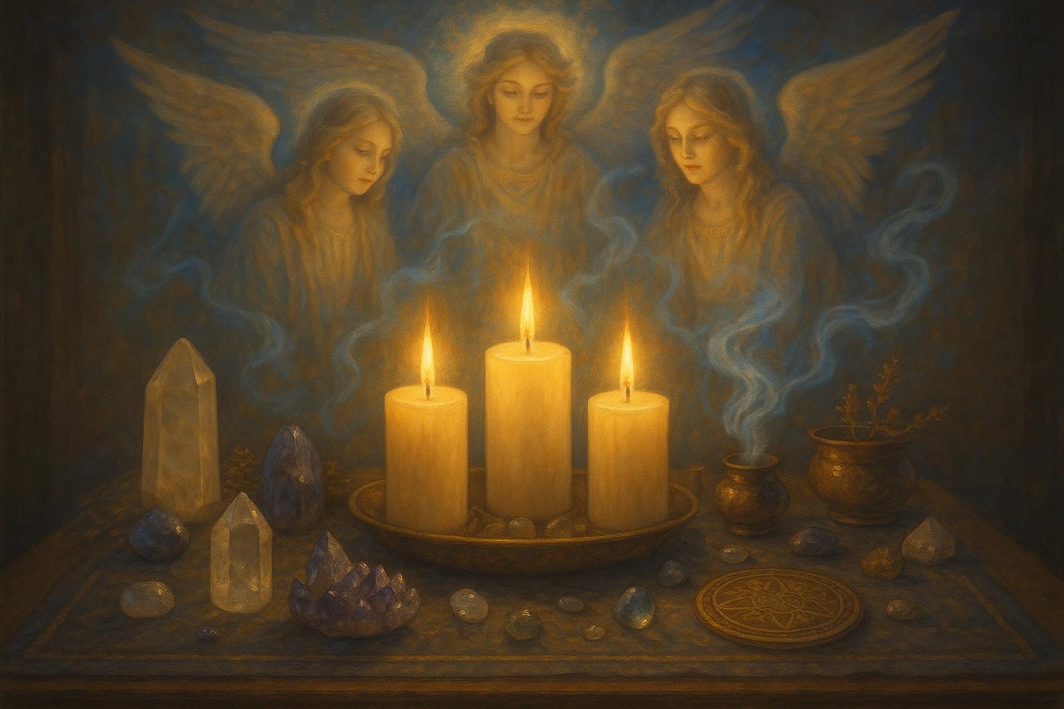 Altar sagrado com velas e cristais observado pelos três anjos