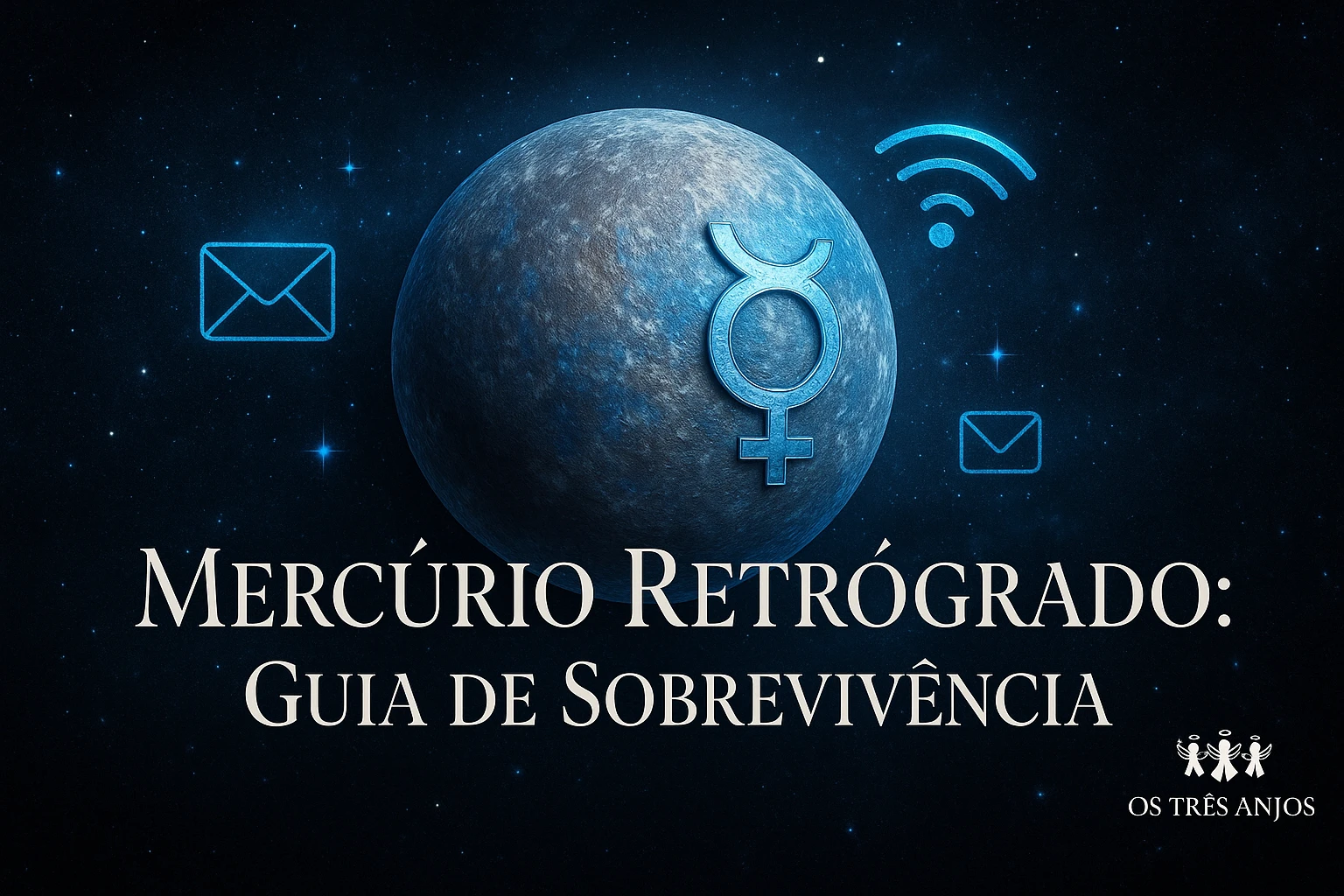 Planeta Mercúrio com símbolo retrógrado e dispositivos eletrônicos